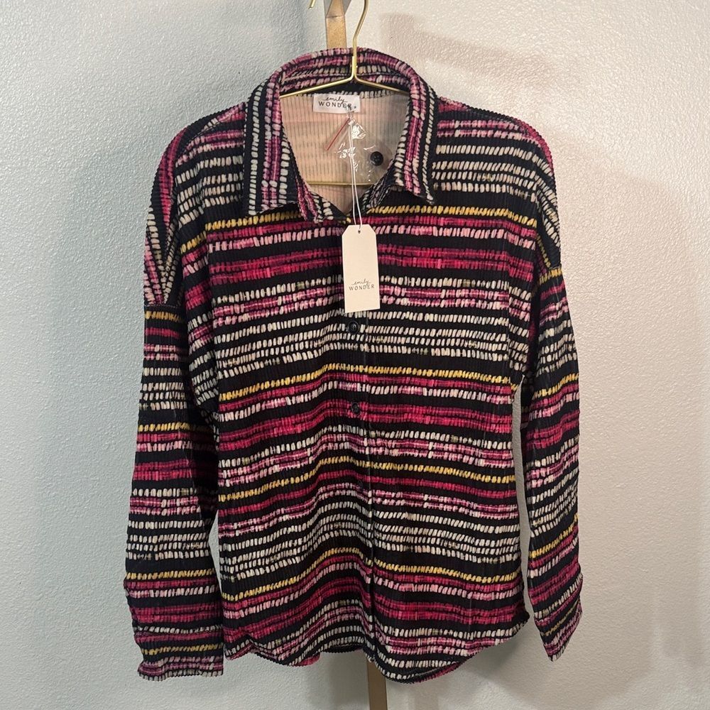 Emily Wonder Textured Stripe Button Top Size S NWT Boutique Blouse
